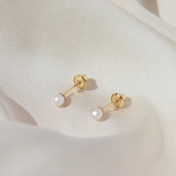 Classic Freshwater Cultured Pearl 4-4.5mm Baby / Toddler / Kids Earrings Safety Screw Back - 14k Gold | Children Collection | Luby 