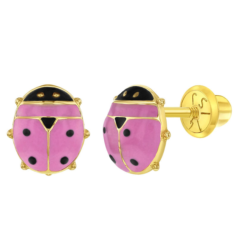 Colorful Ladybug Baby / Toddler / Kids Earrings Safety Screw Back Enamel - 14k Gold | Children Collection | Luby 