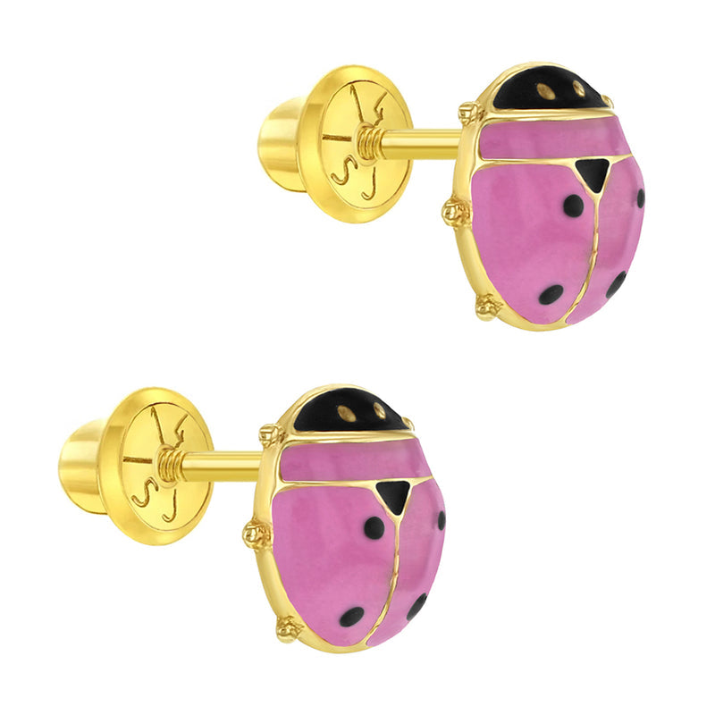 Colorful Ladybug Baby / Toddler / Kids Earrings Safety Screw Back Enamel - 14k Gold | Children Collection | Luby 