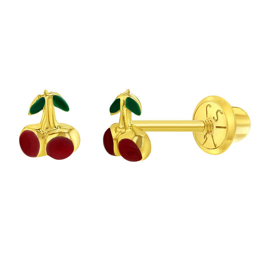 Lucky Cherries Baby / Toddler / Kids Earrings Safety Screw Back Enamel - 14k Gold | Children Collection | Luby 