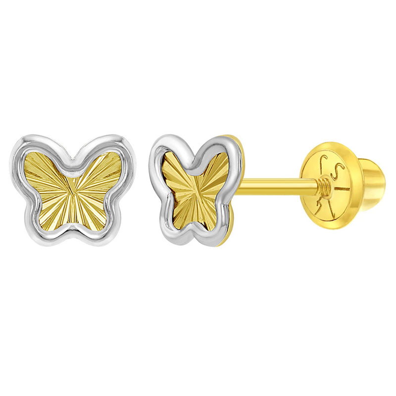 Diamond Cut Butterfly Baby / Toddler / Kids Earrings Safety Screw Back - 14k White & Yellow Gold | Children Collection | Luby 