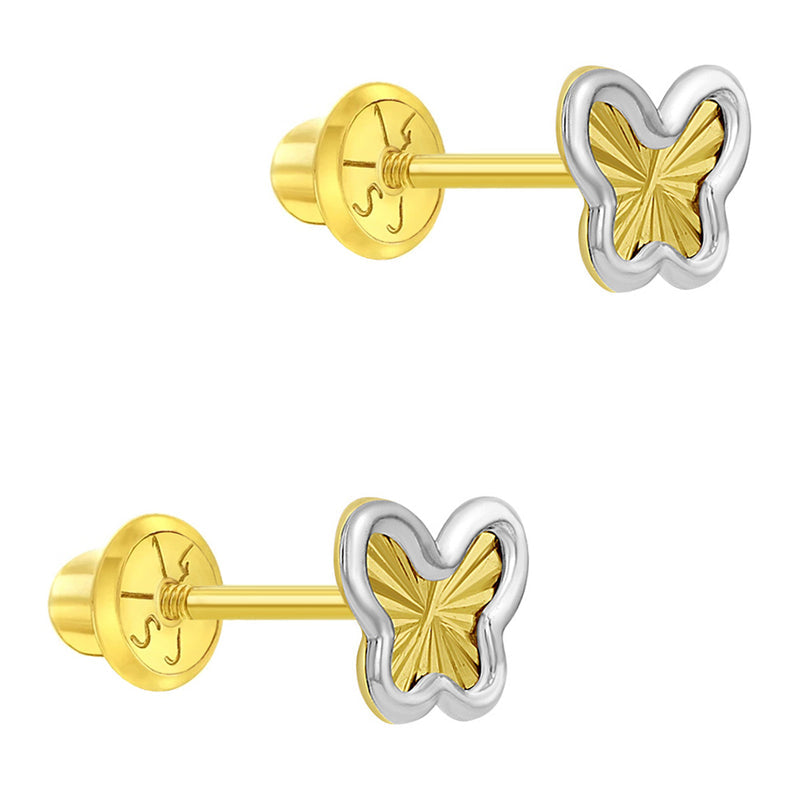 Diamond Cut Butterfly Baby / Toddler / Kids Earrings Safety Screw Back - 14k White & Yellow Gold | Children Collection | Luby 