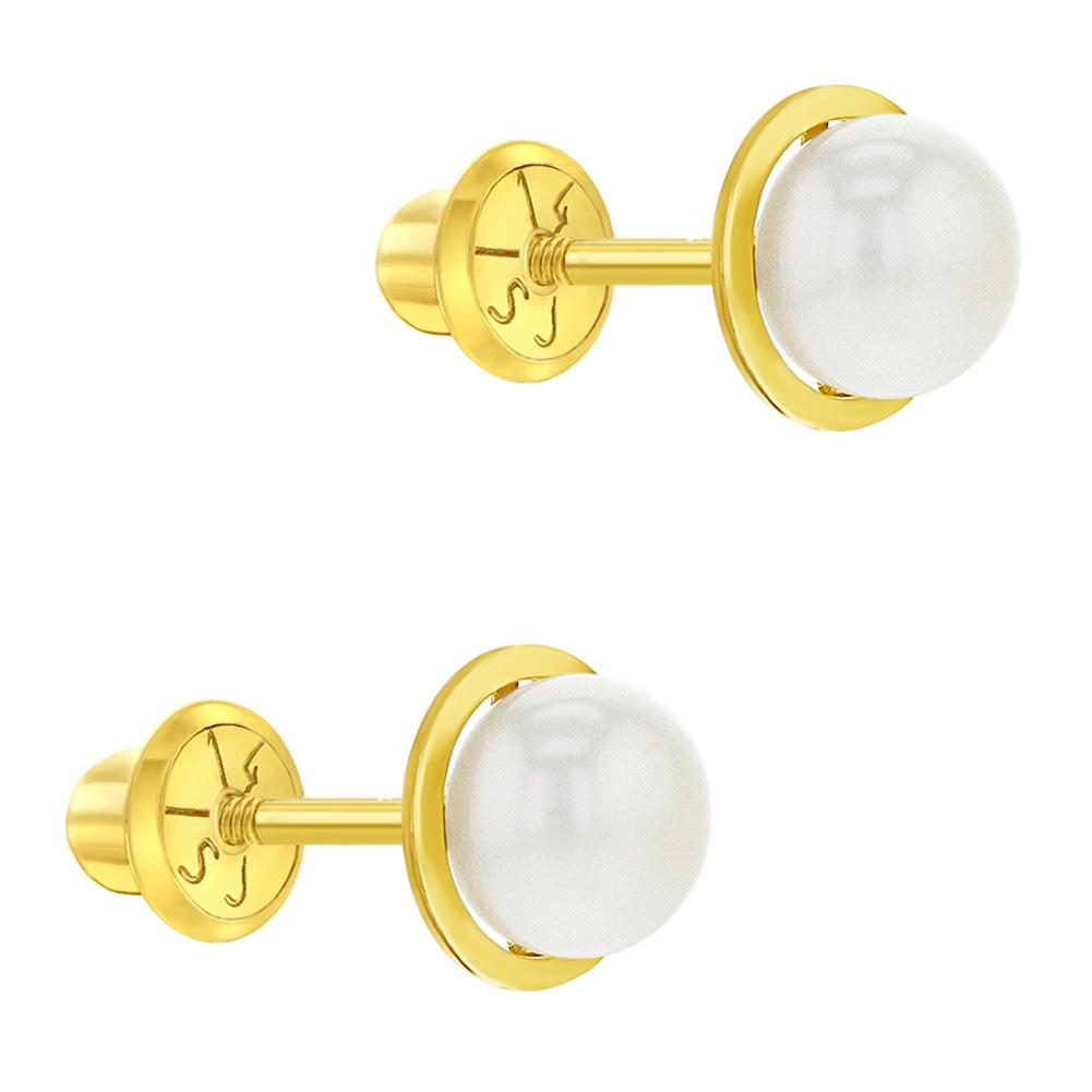 WHITE CULTURED PEARL BEZEL EARRINGS | Children Collection | Luby 