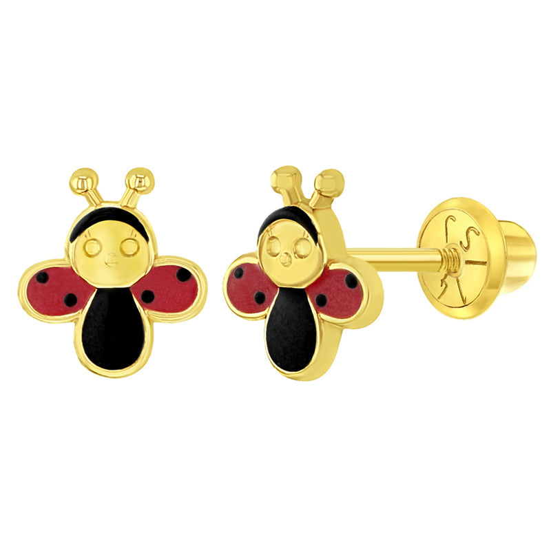 14k Yellow Gold Small Red & Black Enamel Ladybug Screw Back Earrings for Girls | Children Collection | Luby 