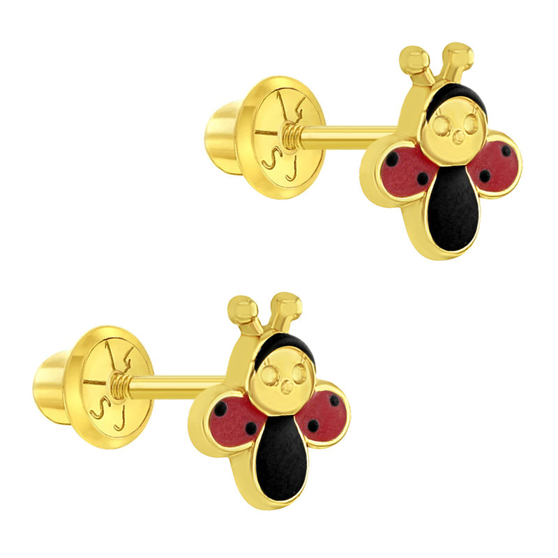 14k Yellow Gold Small Red & Black Enamel Ladybug Screw Back Earrings for Girls | Children Collection | Luby 