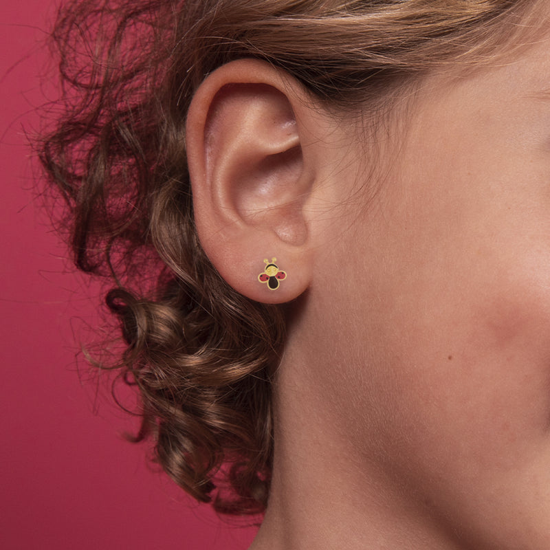 14k Yellow Gold Small Red & Black Enamel Ladybug Screw Back Earrings for Girls | Children Collection | Luby 