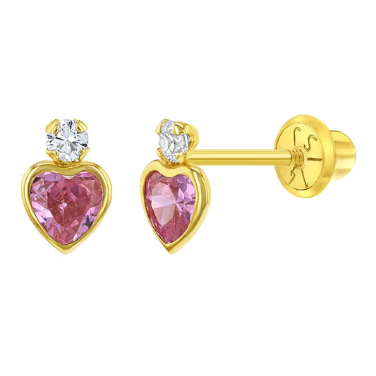 Royal Heart CZ Kids / Children's / Girls Earrings Safety Screw Back - 14k Gold | Children Collection | Luby 
