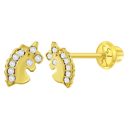 CZ Unicorn Kids / Children's / Girls Earrings Safety Screw Back - 14k Gold | Children Collection | Luby 