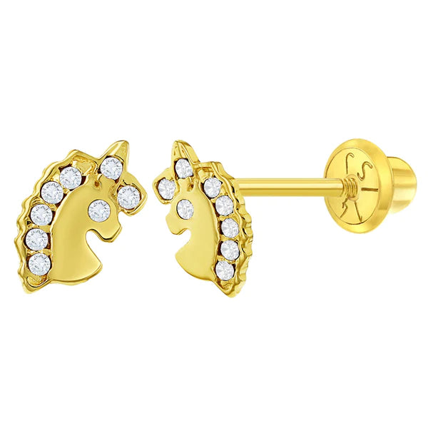 CZ Unicorn Kids / Children's / Girls Earrings Safety Screw Back - 14k Gold