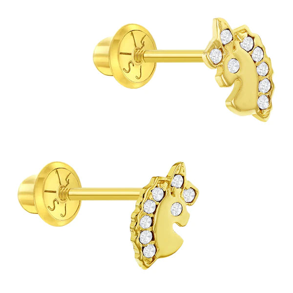 CZ Unicorn Kids / Children's / Girls Earrings Safety Screw Back - 14k Gold | Children Collection | Luby 