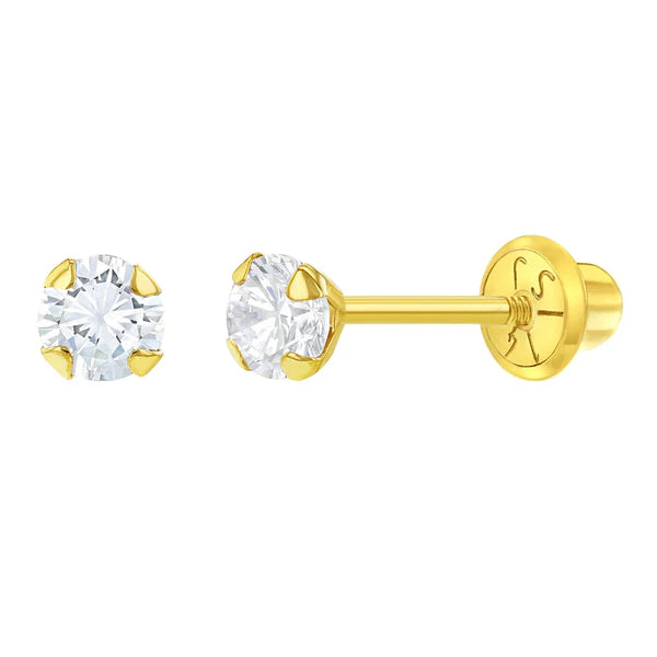 Flush CZ Solitaire 3mm Baby / Toddler / Kids Earrings Safety Screw Back - 14k Gold | Children Collection | Luby 