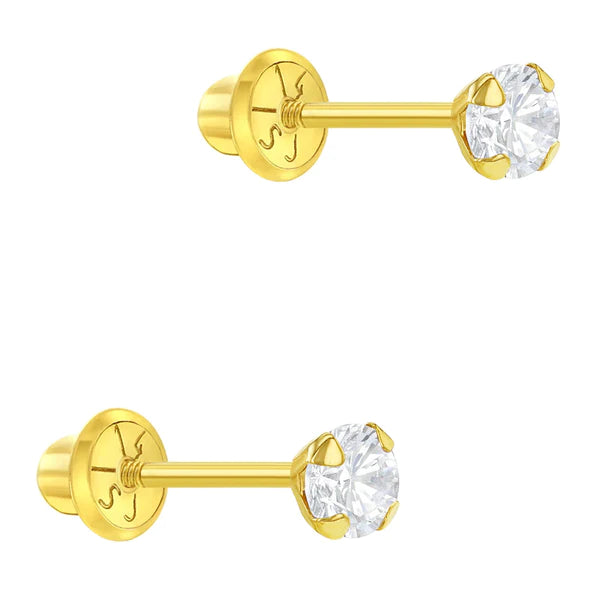 Flush CZ Solitaire 3mm Baby / Toddler / Kids Earrings Safety Screw Back - 14k Gold | Children Collection | Luby 