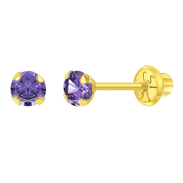 Flush CZ Solitaire 3mm Baby / Toddler / Kids Earrings Safety Screw Back - 14k Gold | Children Collection | Luby 