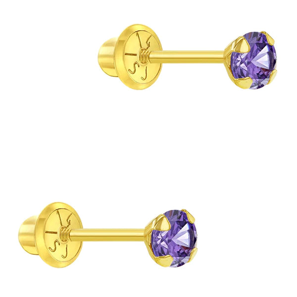 Flush CZ Solitaire 3mm Baby / Toddler / Kids Earrings Safety Screw Back - 14k Gold | Children Collection | Luby 