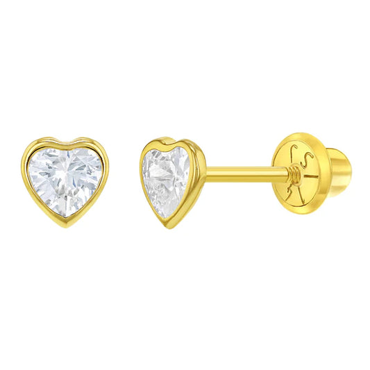 Bezel CZ Heart Baby / Toddler / Kids Earrings Safety Screw Back - 14k Gold | Children Collection | Luby 